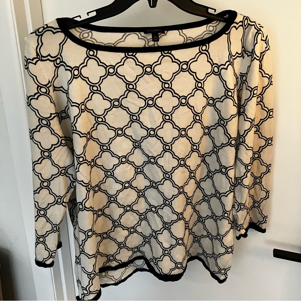 Talbots Black and Cream Graphic Blouse with 3/4 Sleeves